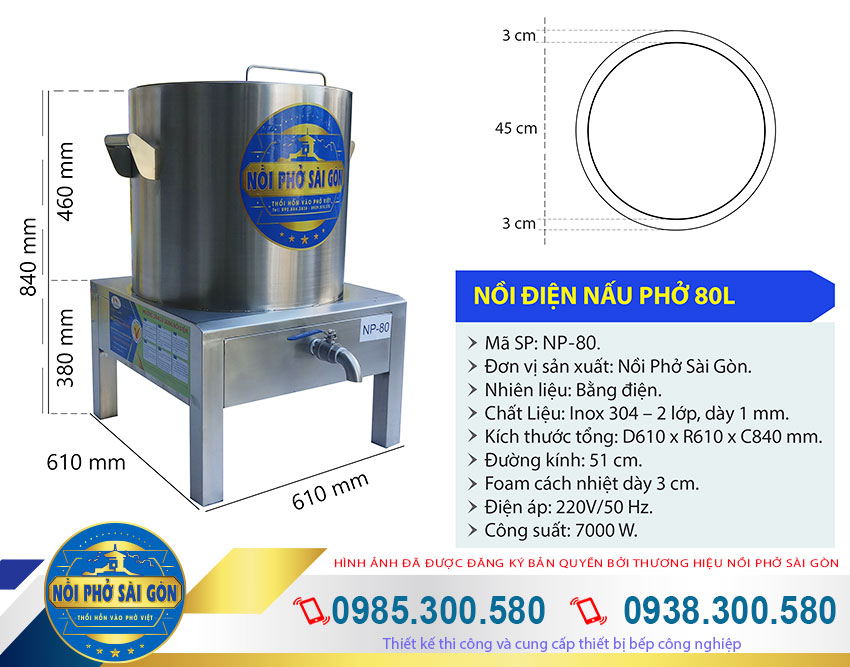 Kích thước nồi điện nấu phở 80L, nồi hầm xương bằng điện, nồi nấu nước lèo bằng điện (Ảnh thật tế).