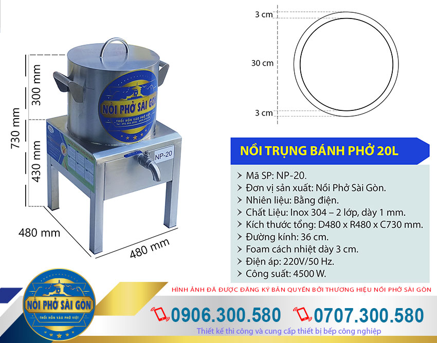 Kích thước nồi trụng bánh phở bằng điện, nồi nấu trần bánh phở, nồi nấu phở điện 20 lít của Nồi Phở Sài Gòn.