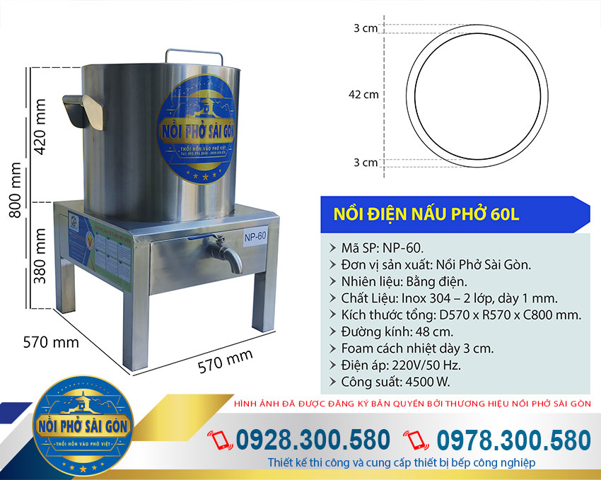 Kích thước nồi nấu nước phở bằng điện, nồi nấu phở bằng điện 50L (Ảnh thật tế).