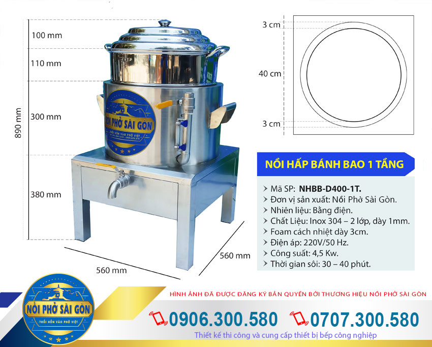 Kích thước nồi hấp bánh bao bằng điện, nồi hấp bánh bao công nghiệp NHBB-D400-1T.