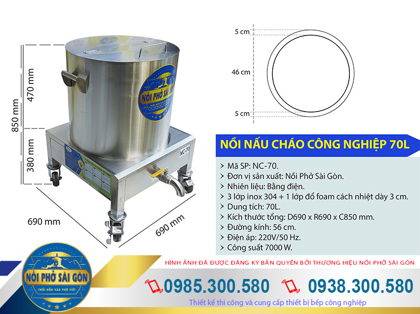 Kích thước nồi nấu cháo bằng điện, nồi điện nấu cháo, nồi nấu cháo công nghiệp 70 lít NC-70.