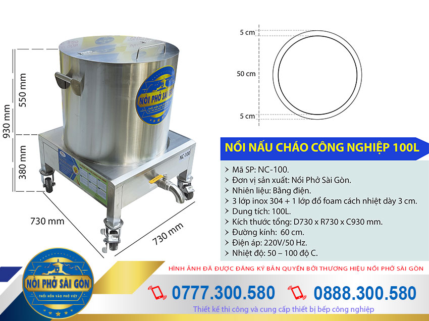 Kích thước nồi nấu cháo công nghiệp bằng điện, nồi hầm cháo công nghiệp 100L NC-100.