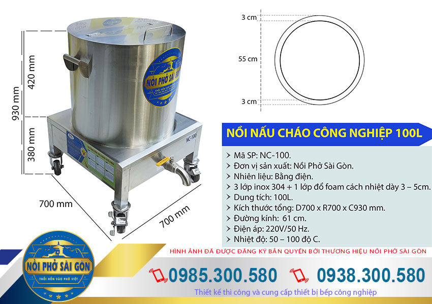 Kích thước nồi nấu cháo công nghiệp bằng điện, nồi hầm cháo công nghiệp 100L NC-100.