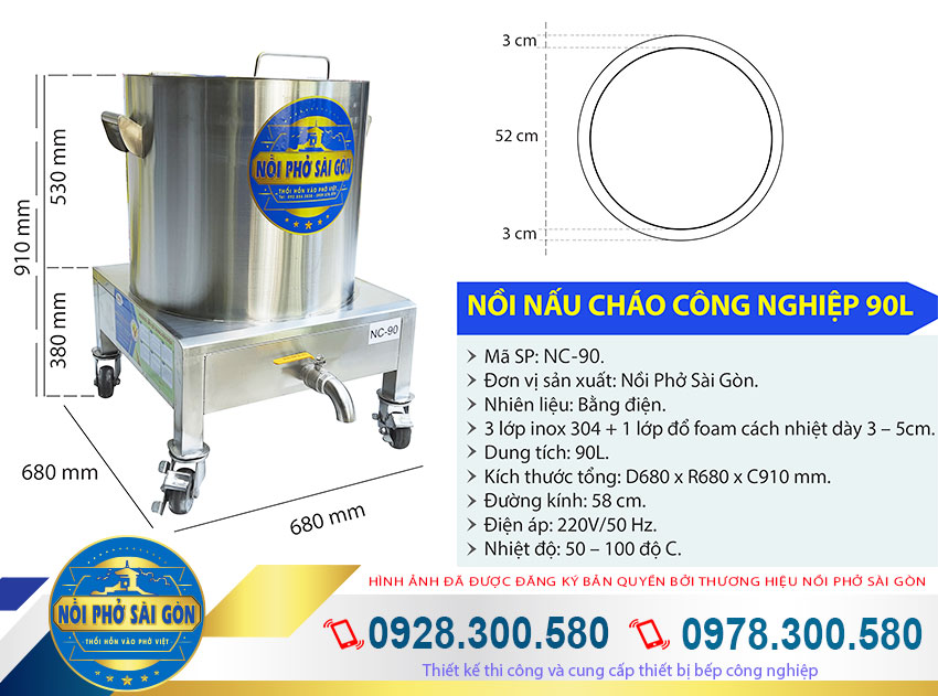 Kích thước nồi nấu cháo inox công nghiệp 90l, nồi nấu cháo bằng điện 90 lít, nồi hầm cháo công nghiệp 90 lít NC-90.