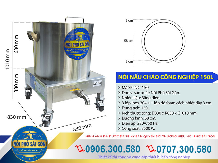 Kích thước nồi nấu cháo inox công nghiệp, nồi điện nấu cháo công nghiệp 150L NC-150.