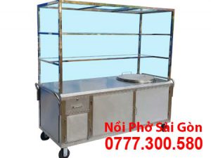 Xe Đẩy Bán Hủ Tiếu Phở Inox Tích Hợp Nồi Nấu Nước Lèo Bằng Điện 100L