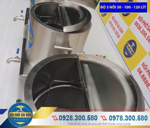 Chi tiết góc trên bộ 3 nồi nấu phở bằng điện 30l-100l-120l.